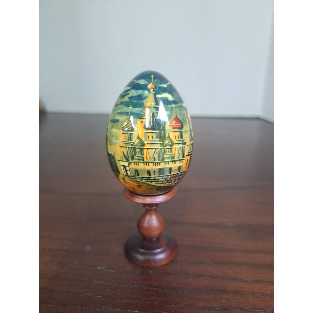 Vintage Handpainted Russian Orthodox Cathedral Lacquered Wooden Egg With Wooden